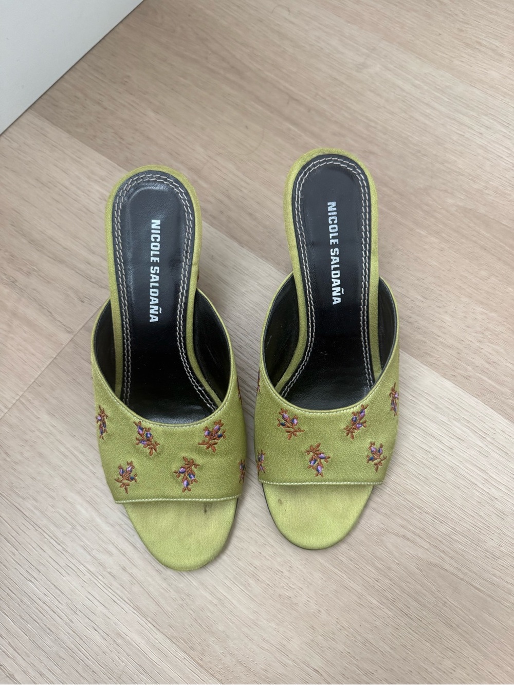 Nicole Saldana Green Embroidered Open-Toe Mules